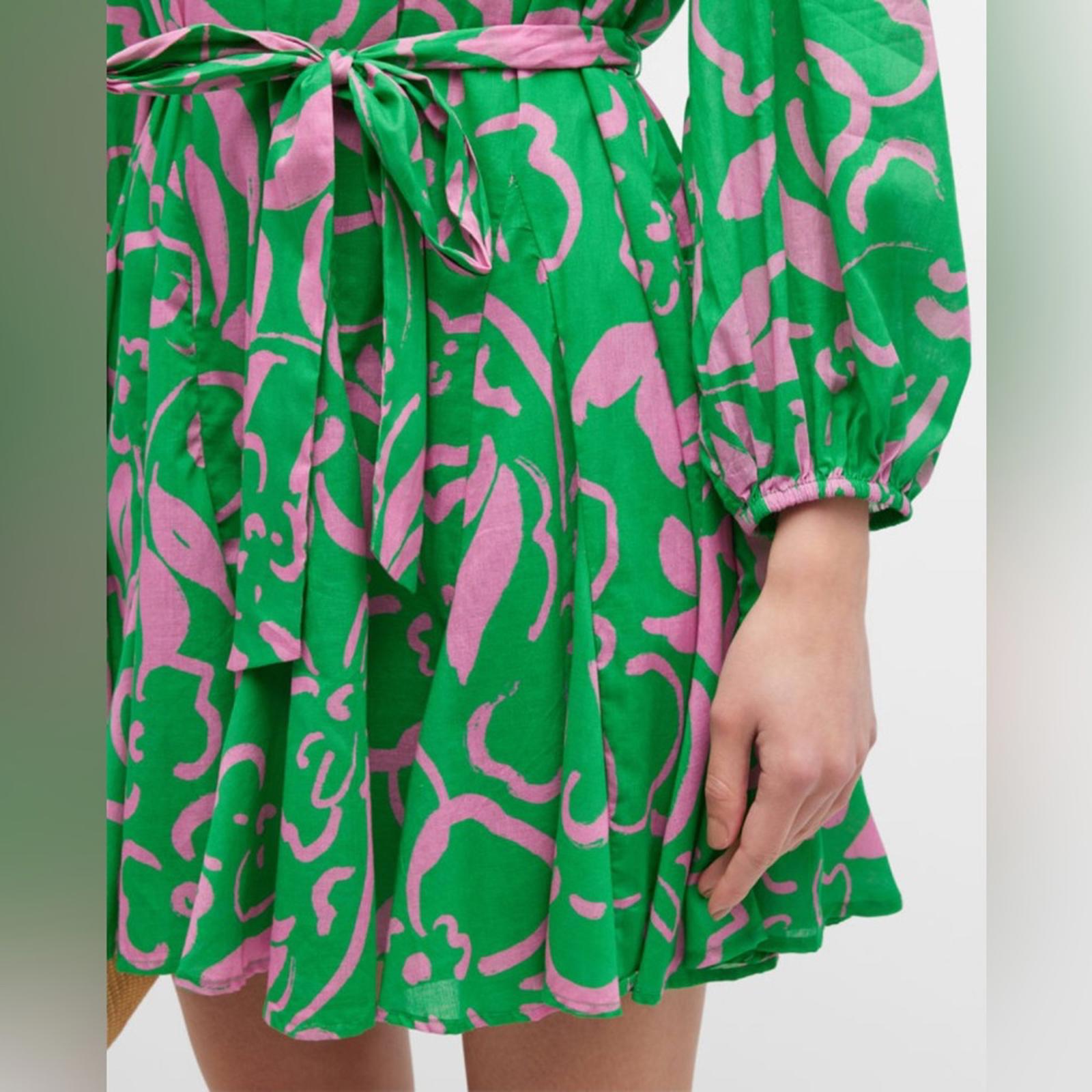 Velvet Kiki Short Tie-Belt Printed Cotton Dress in Green/Link, Size XS NWT