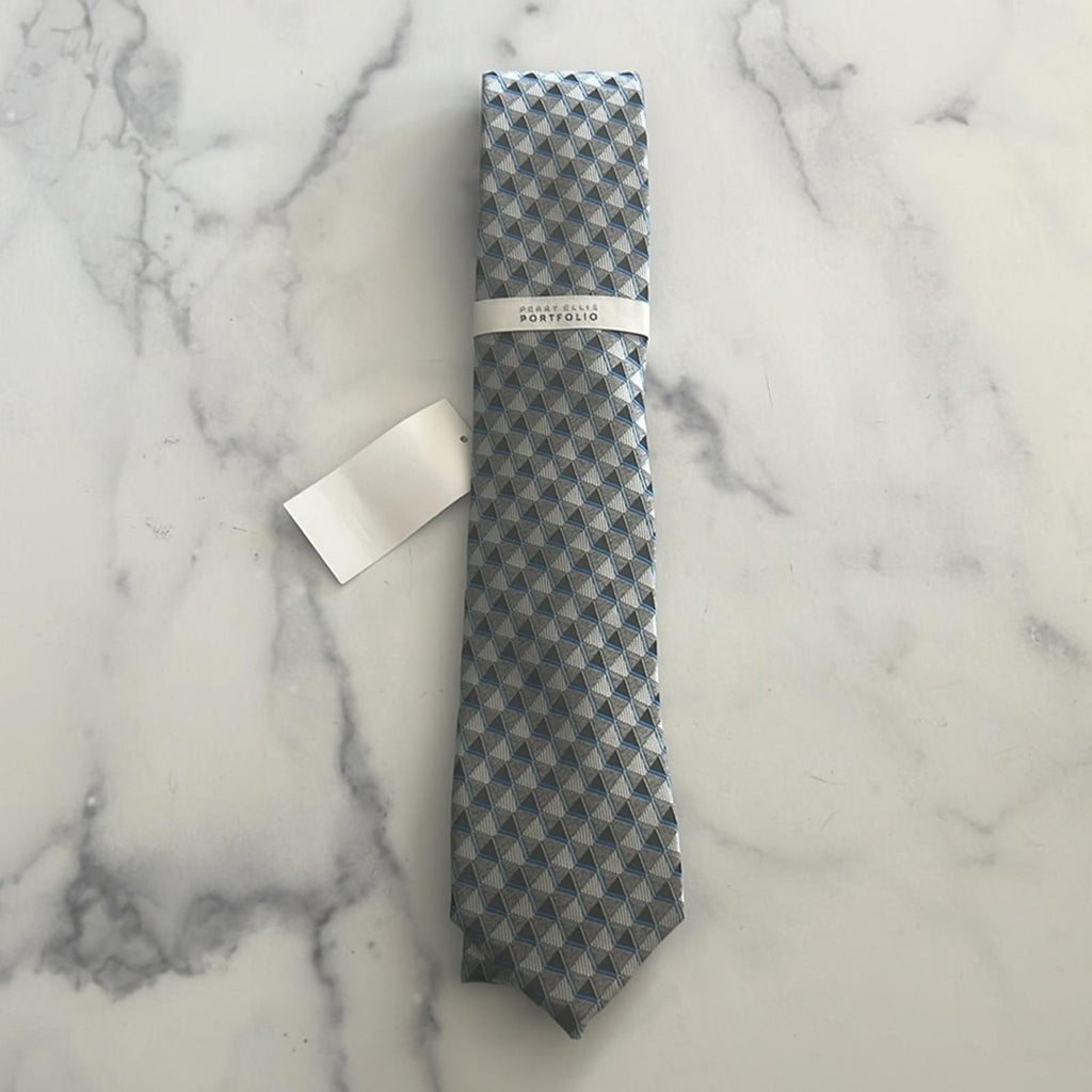 Perry Ellis Men's Dunstan Geometric Print Tie Silver Necktie, One Size New w/Tag