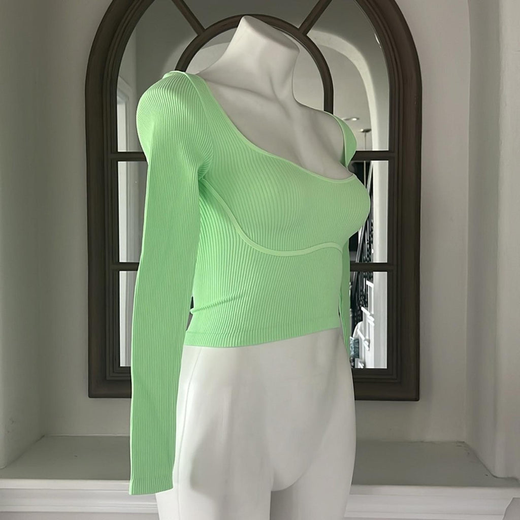 NEW Free People Meg Rib Long Sleeve Cropped Top in Lt Green Size M/L New w/o Tag