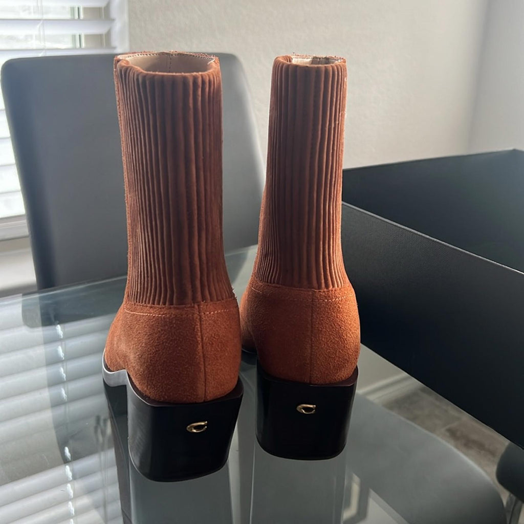 COACH Prestyn Ankle Booties in Burnished Amber, Leather Suede Boots NEW in Box!