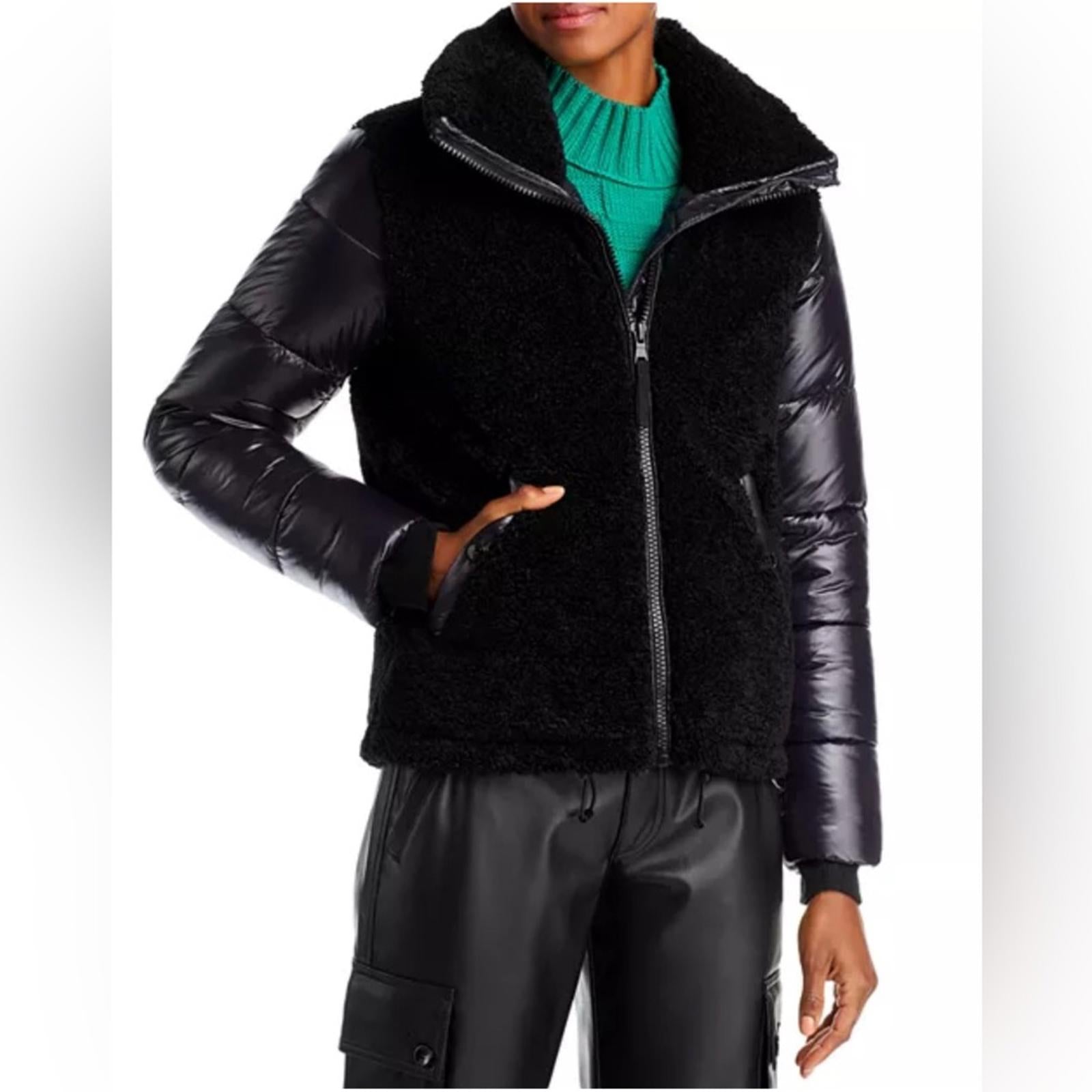 Aqua Bloomingdale’s Mixed Media Puffer Coat Jacket in Black, Size XL NEW w/Tag
