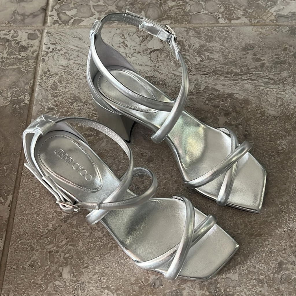 Jimmy Choo Rheea 65 Block Heel Sandals in Silver, Size 36 New in Box w/DustBag