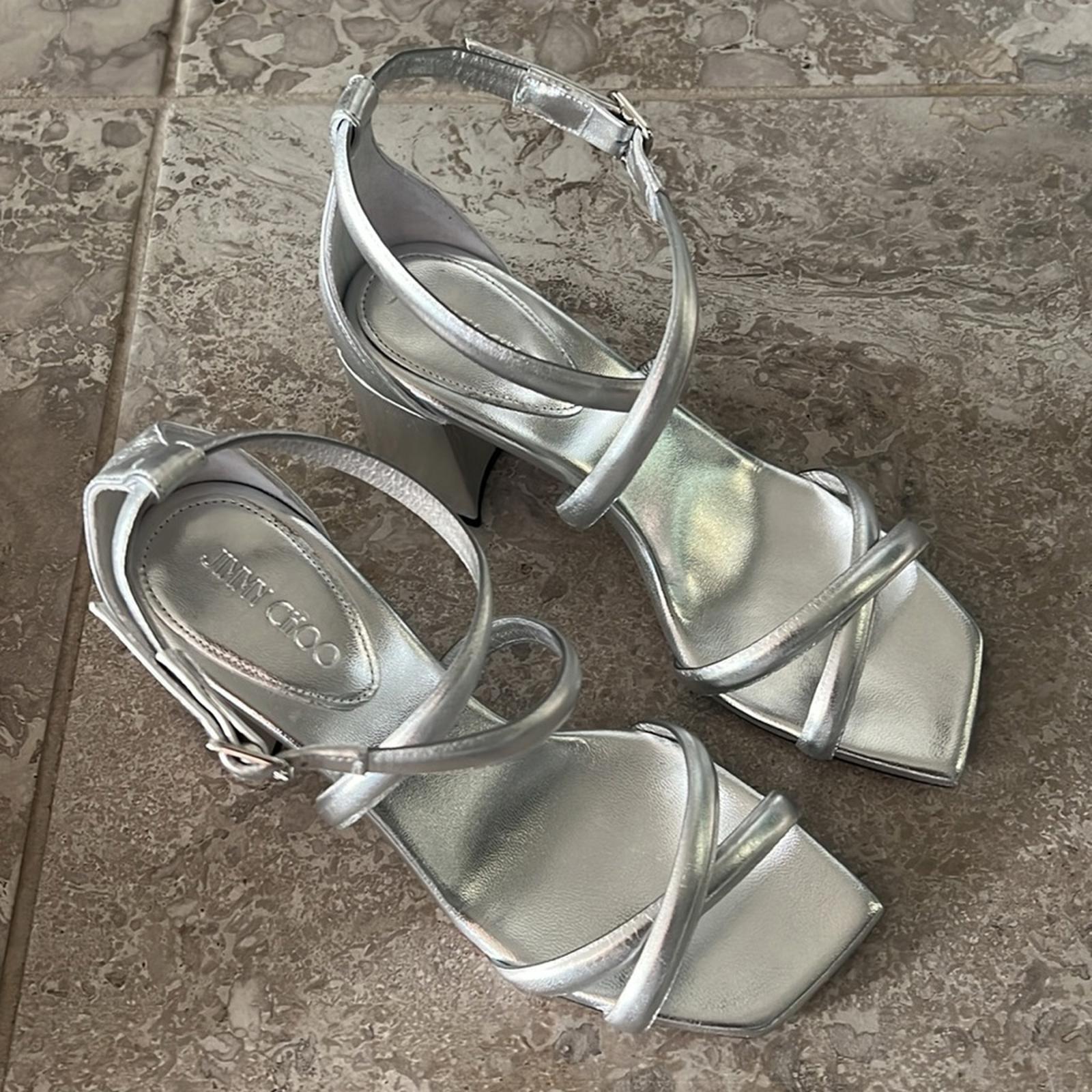 Jimmy Choo Rheea 65 Block Heel Sandals in Silver, Size 36 New in Box w/DustBag