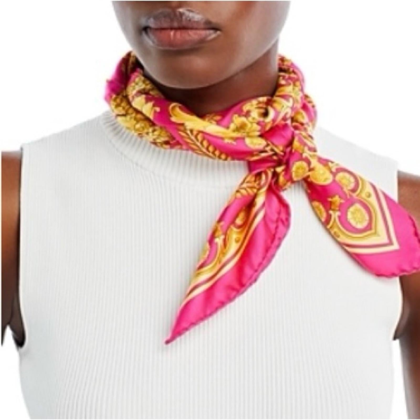 NEW Versace Barocco Print Silk Scarf Foulard, Pink/Gold  Size 36”x35” New $575