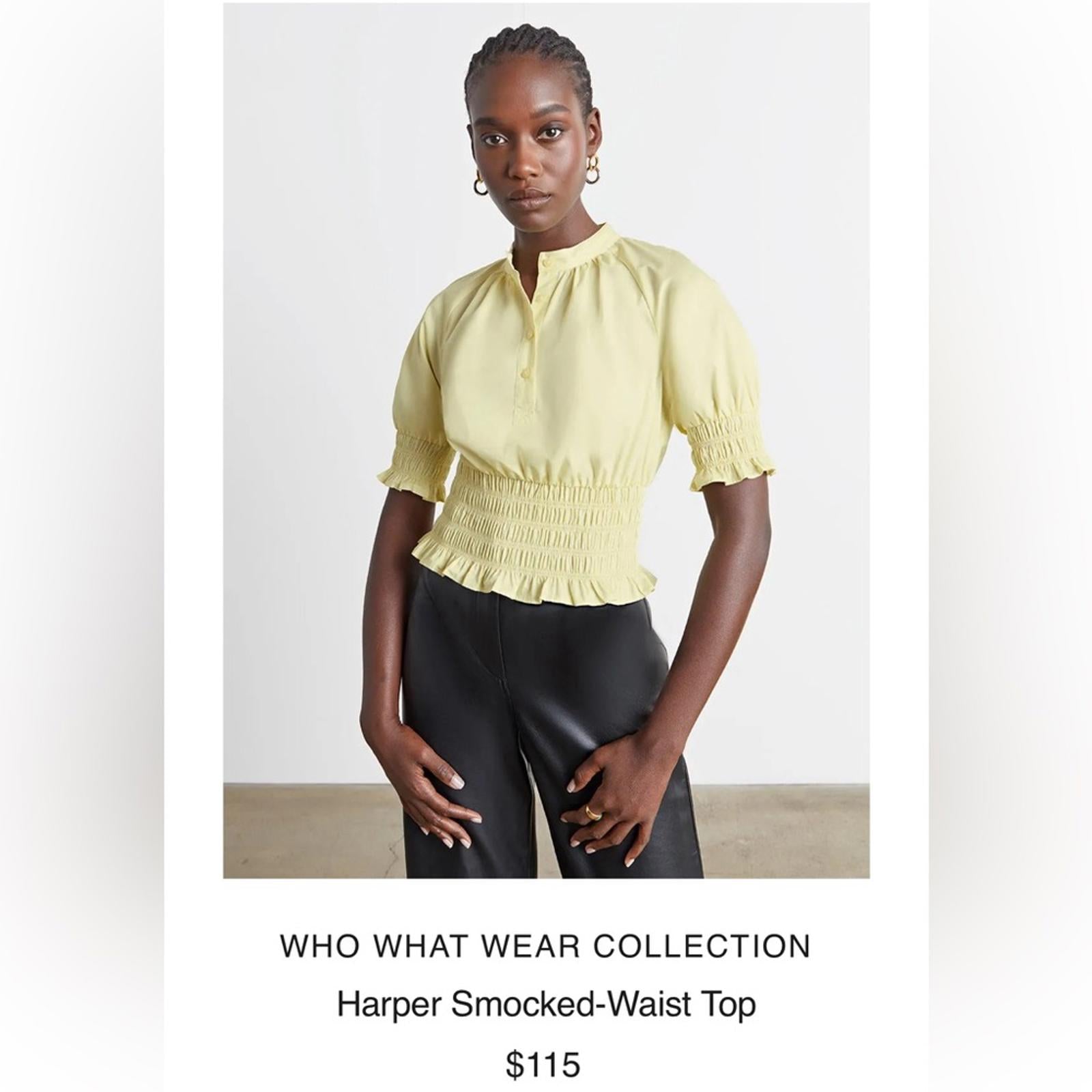 WhoWhatWear HARPER Smocked-Waist Top in Lemon New w/Tag Retail $115