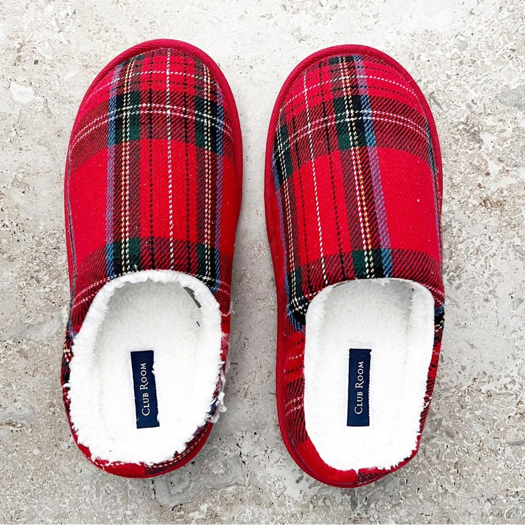 Club Room Mens Flannel Plaid Slide Slippers, (Red, Medium) Size 8-9 New in Box