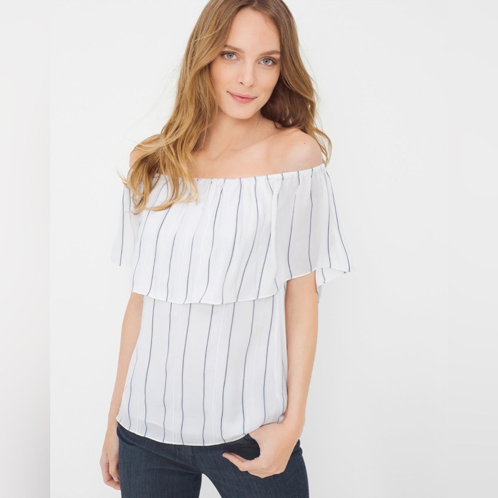 WHBM Off-The-Shoulder Stripe Blouse, White Blue Size XS Retail $99