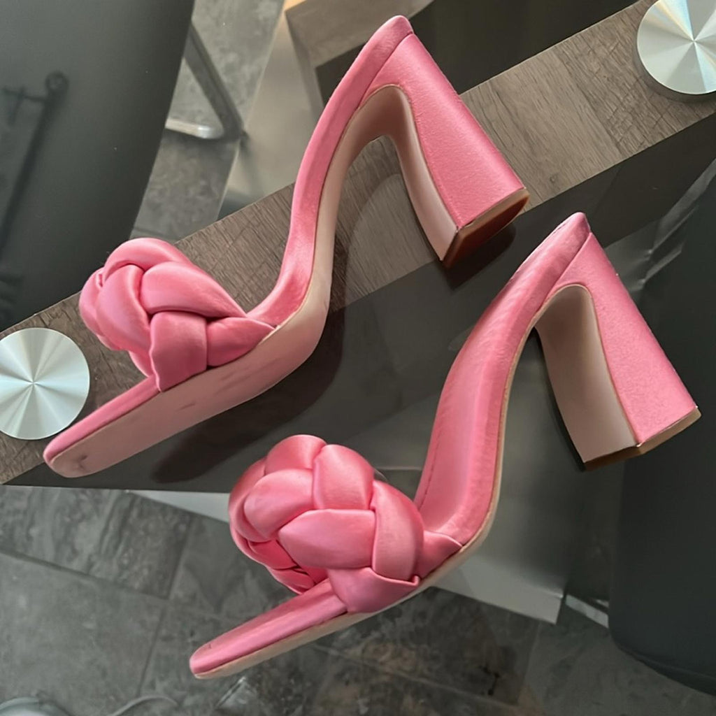 Loeffler Randall Freya Braided Curved Heel Sandals Bubblegum, Size 11 New in Box