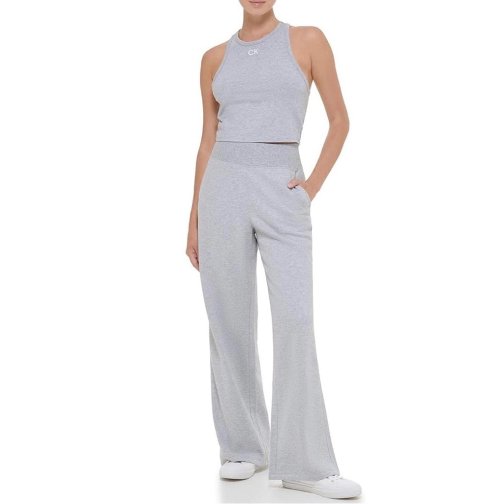 Calvin Klein Perf. Wide Leg Ribbed High Waist Pants Grey Heather Size XXL $59.50