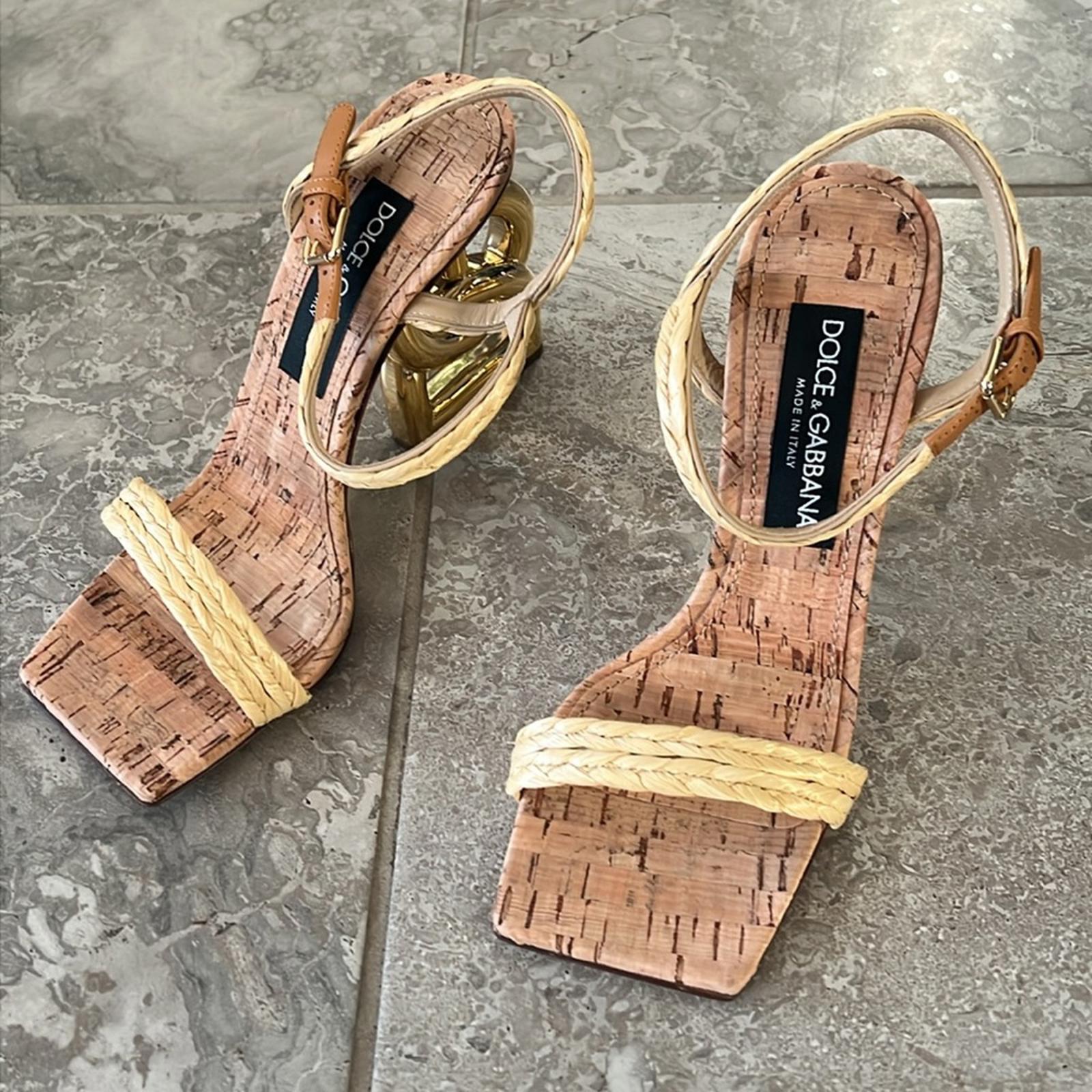 Dolce & Gabbana Logo Heel Ankle Strap Sandals in Gold Tan, New in Box