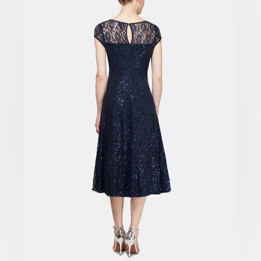 SL Fashions Sequined Lace Midi Dress in Navy, NWT, Size 16