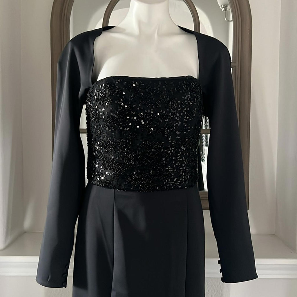 Amsale Sequined Beaded Bodice Gown, Stretch Crepe in Black, Size 10 NEW w/Tag