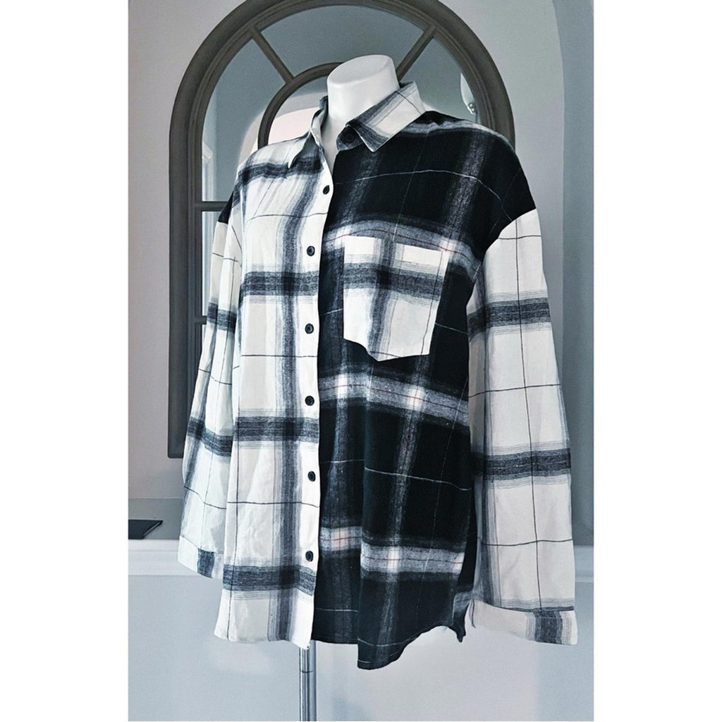 NEW LOOK Plaid Button Up Shirt in Black & White Size 1X New w/Tag