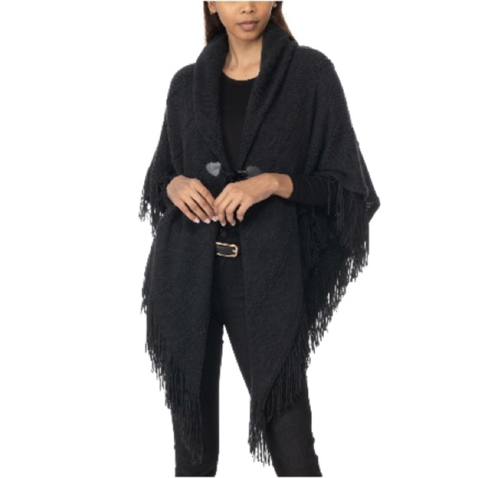 Charter Club Raschel Knit Toggle Poncho Wrap in Black, One Size NWT