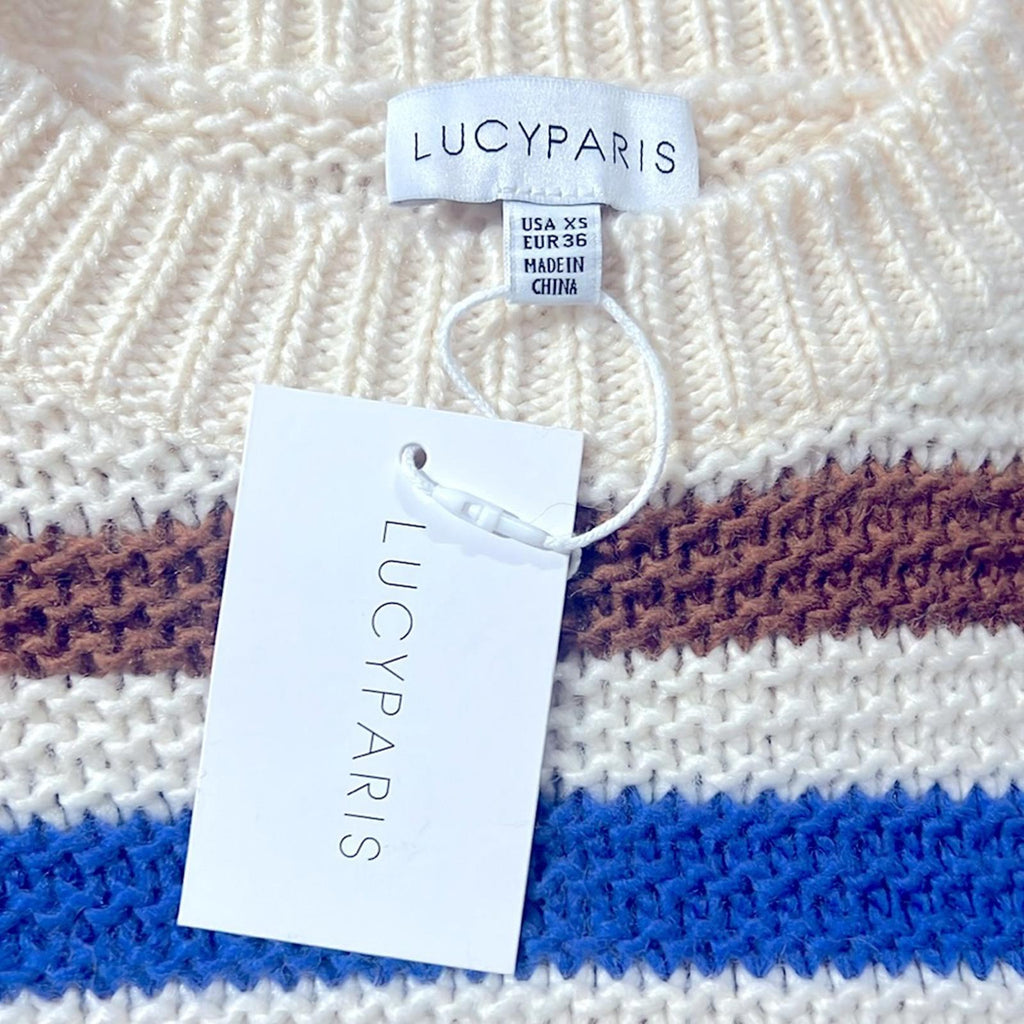 Lucy Paris Dominic Striped Crewneck Sweater in Cream/Brown/Blue Size XS NEW wTag