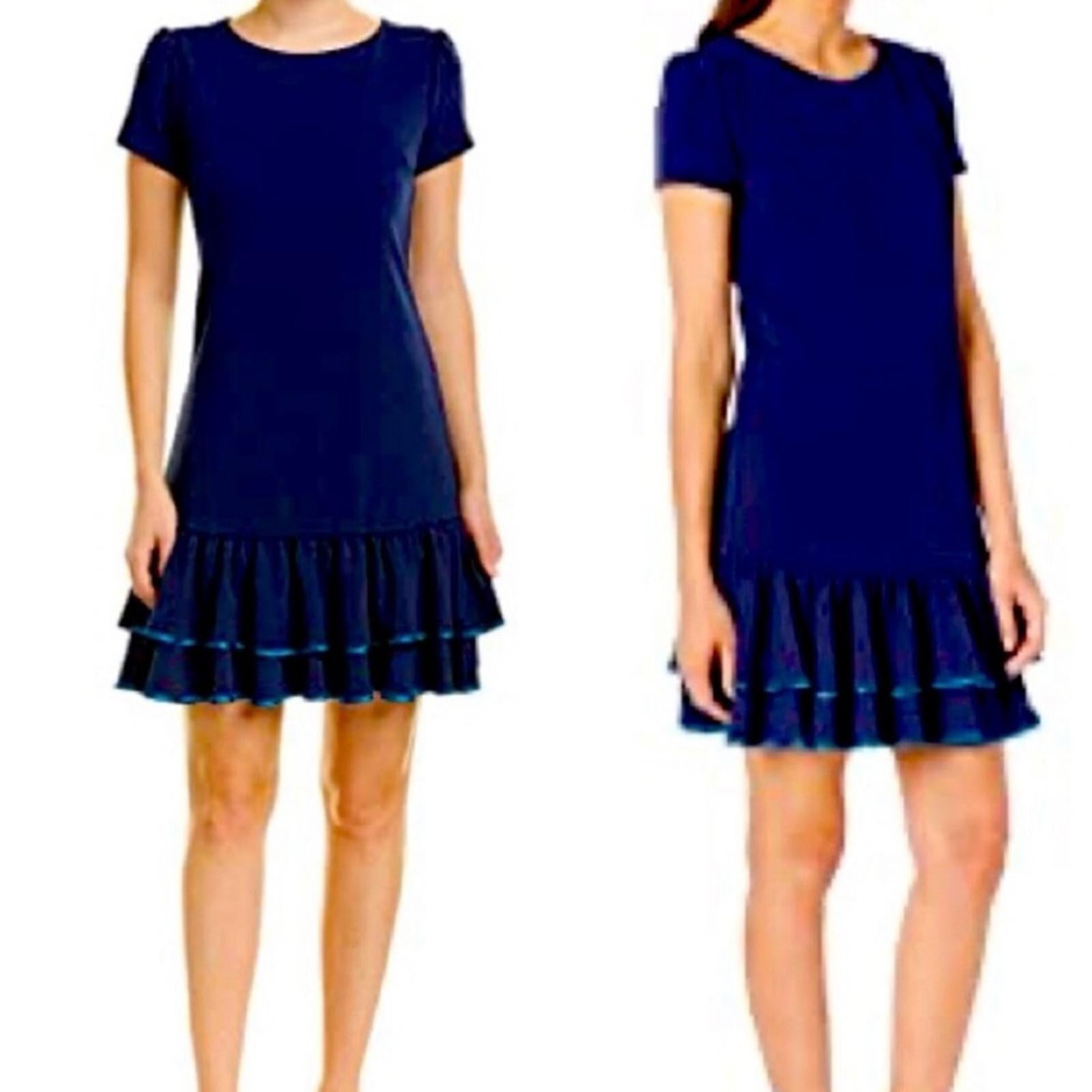 Betsy Johnson Tiered Double Ruffle Hem Dress in Navy Blue, EXCELLENT, Size 14