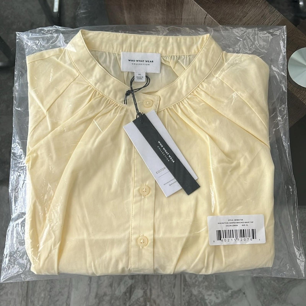 WhoWhatWear Harper Smocked-Waist Top in Lemon, NWT, Size S