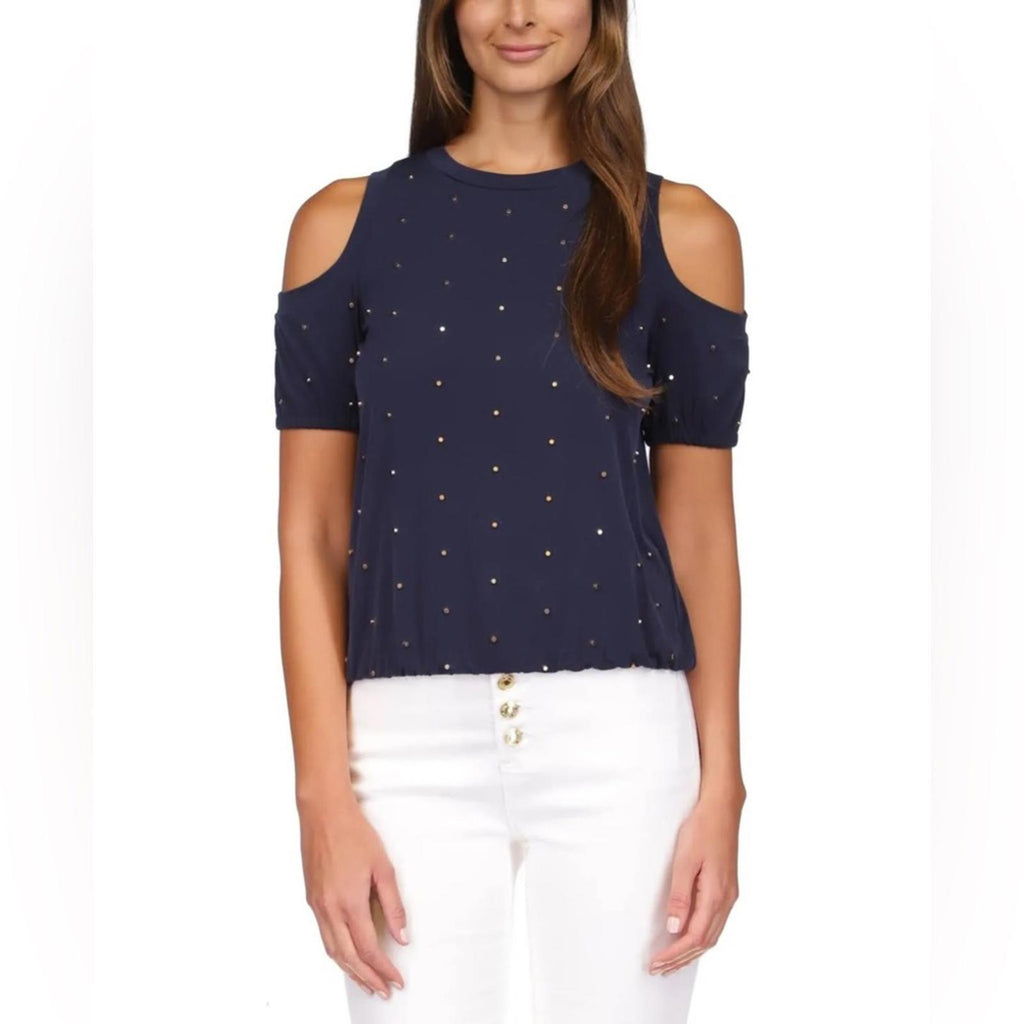 NEW Michael Michael Kors Studded Cold-Shoulder Top, Midnight Blue Size S, $110
