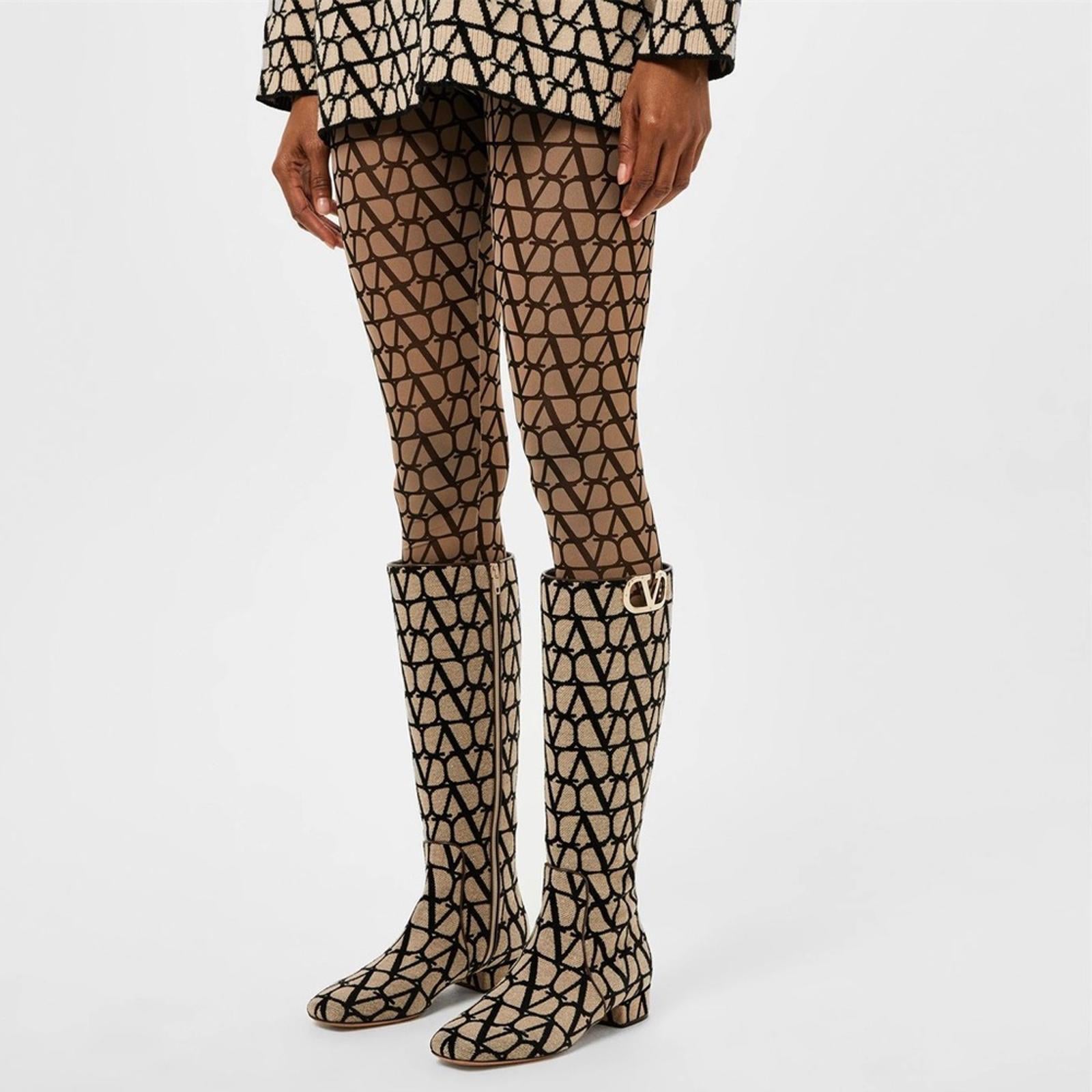 Valentino Garavani Toile Iconographe V-Logo Knee-High Boots, Size 37 +Box NEW