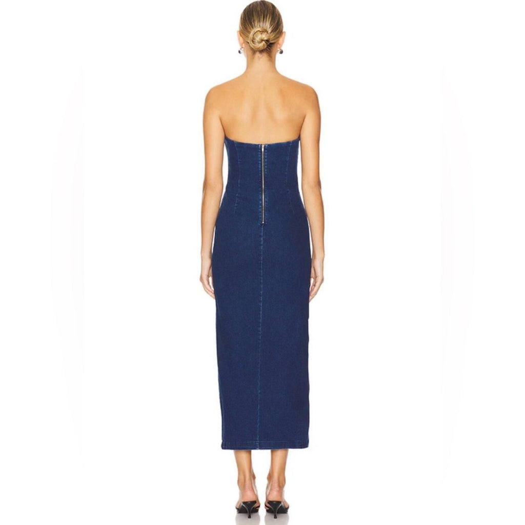 Bardot Eleni Denim Strapless Midi Dress in Dark Blue, Size EUR 36 US 4 UK 8, NEW