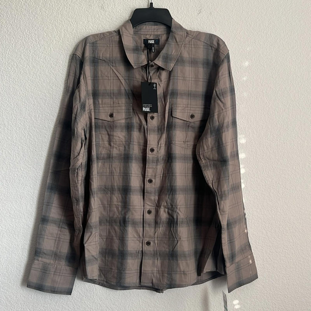 PAIGE Everett Long Sleeve Plaid Shirt in Oak Sky, NWT, Size L $169