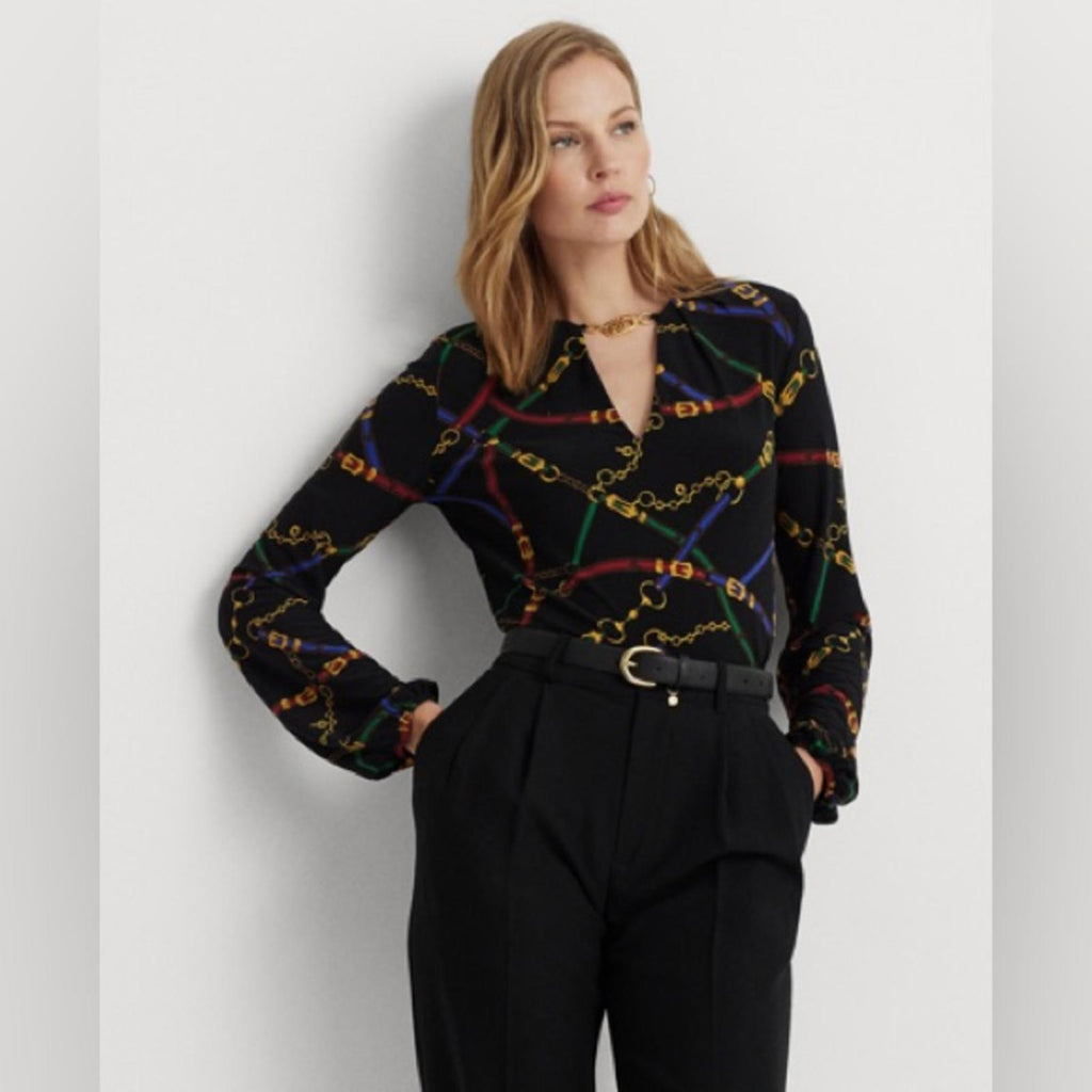 Lauren Ralph Lauren Belting-Motif Jacquard Tie-Neck Shirt Black Size XS NEW wTag