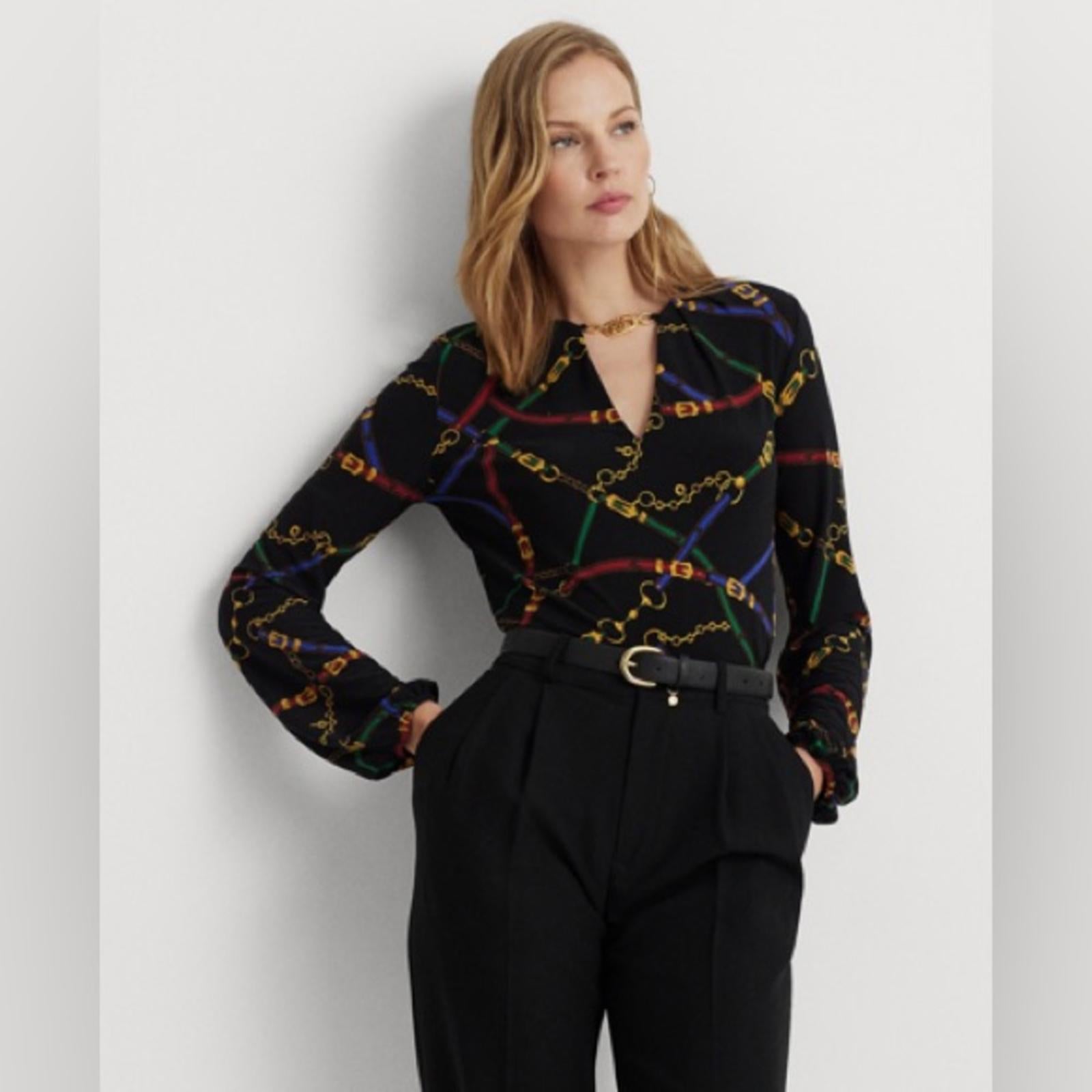 Lauren Ralph Lauren Belting-Motif Jacquard Tie-Neck Shirt Black Size XS NEW wTag