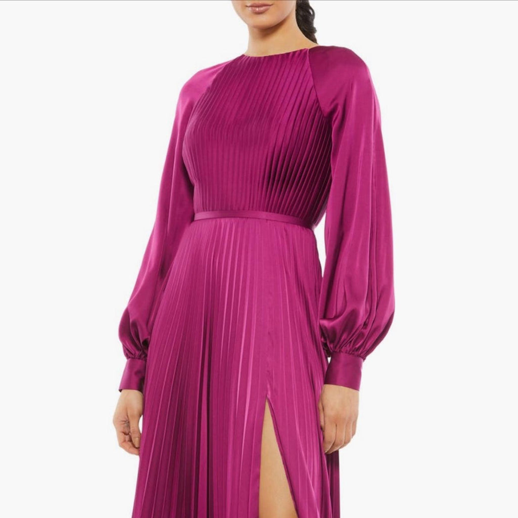 Mac Duggal IEENA Pleated Long Sleeve Satin Gown, Purple Size 8 New w/Tag $498