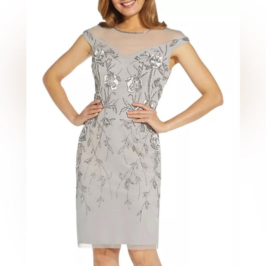 Adrianna Papell Embellished Sheath Dress in Bridal Silver, Size 4 NEW w/Tag $249