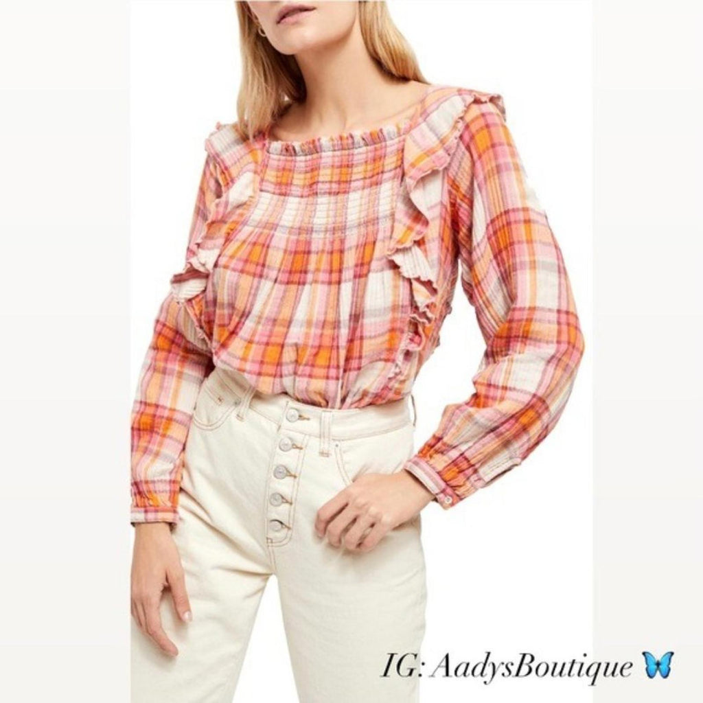 Free People Siena Plaid Long Sleeve Ruffle Top Cotton Size S New w/Tag