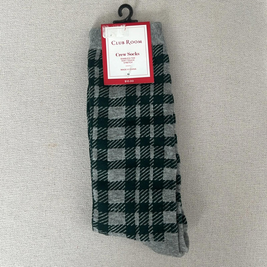 X2 Club Room Grey/Green Plaid Crew Socks, Soft Touch Stretch One Size New w/Tag