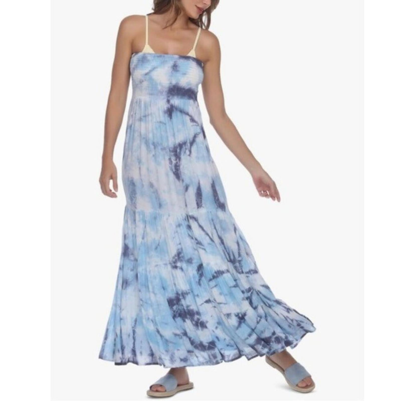 RAVIYA Strapless Tiered Tie-Dye Maxi Dress Cover-Up in Blue/Sky Size 2X NWT