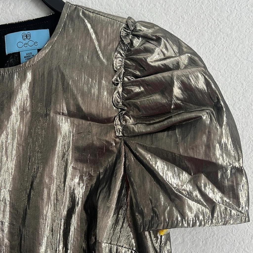 CeCe Silver Shimmer Pouf Jewel Neck Top, Size XXS, NEW