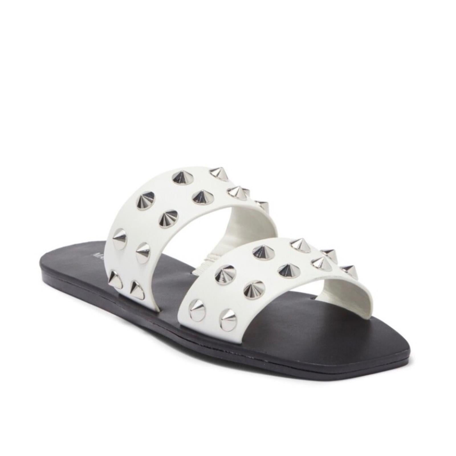 Marc Fisher Bolive Studded Slides Flat Sandals in White/Black, Size 7.5