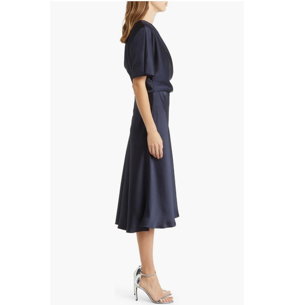 NEW Amsale NAVY One Shoulder Fluid Satin Cocktail Midi Dress, Size 4 Retail $385