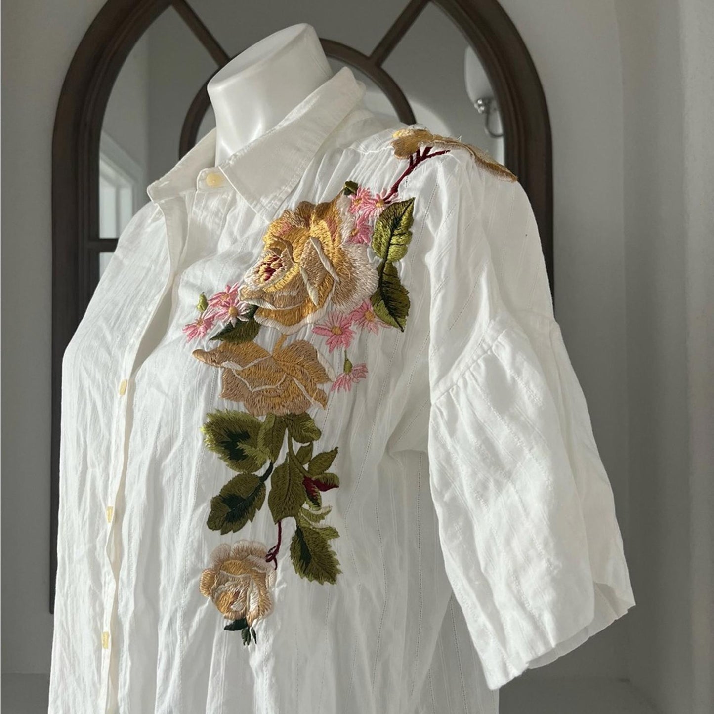 3J by Johnny Was Button Front Shirtdress with Floral Embroidery, White Size L