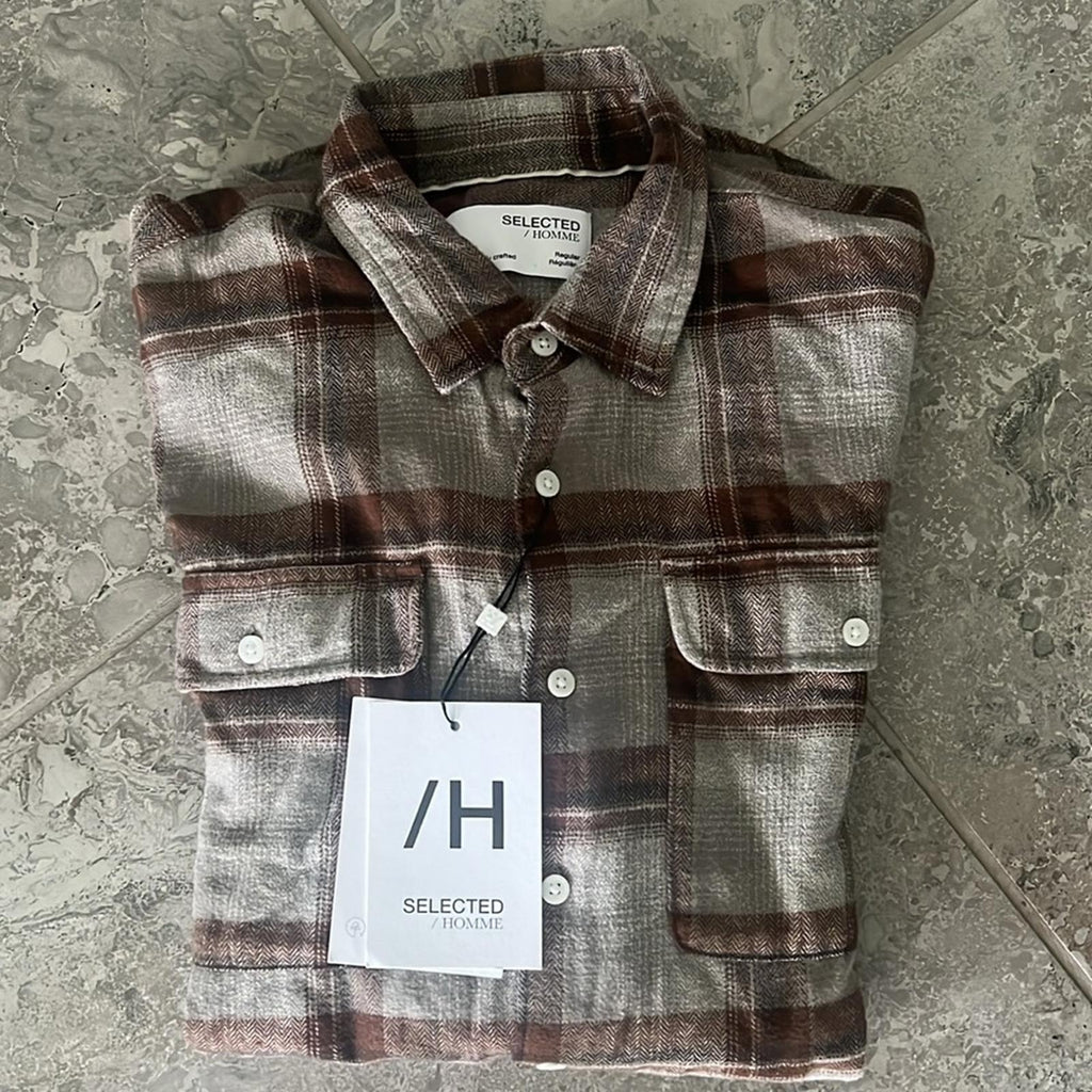 Selected Homme Check Shirt Selected Regscot in Beige/ Brown, NWT, Size XL