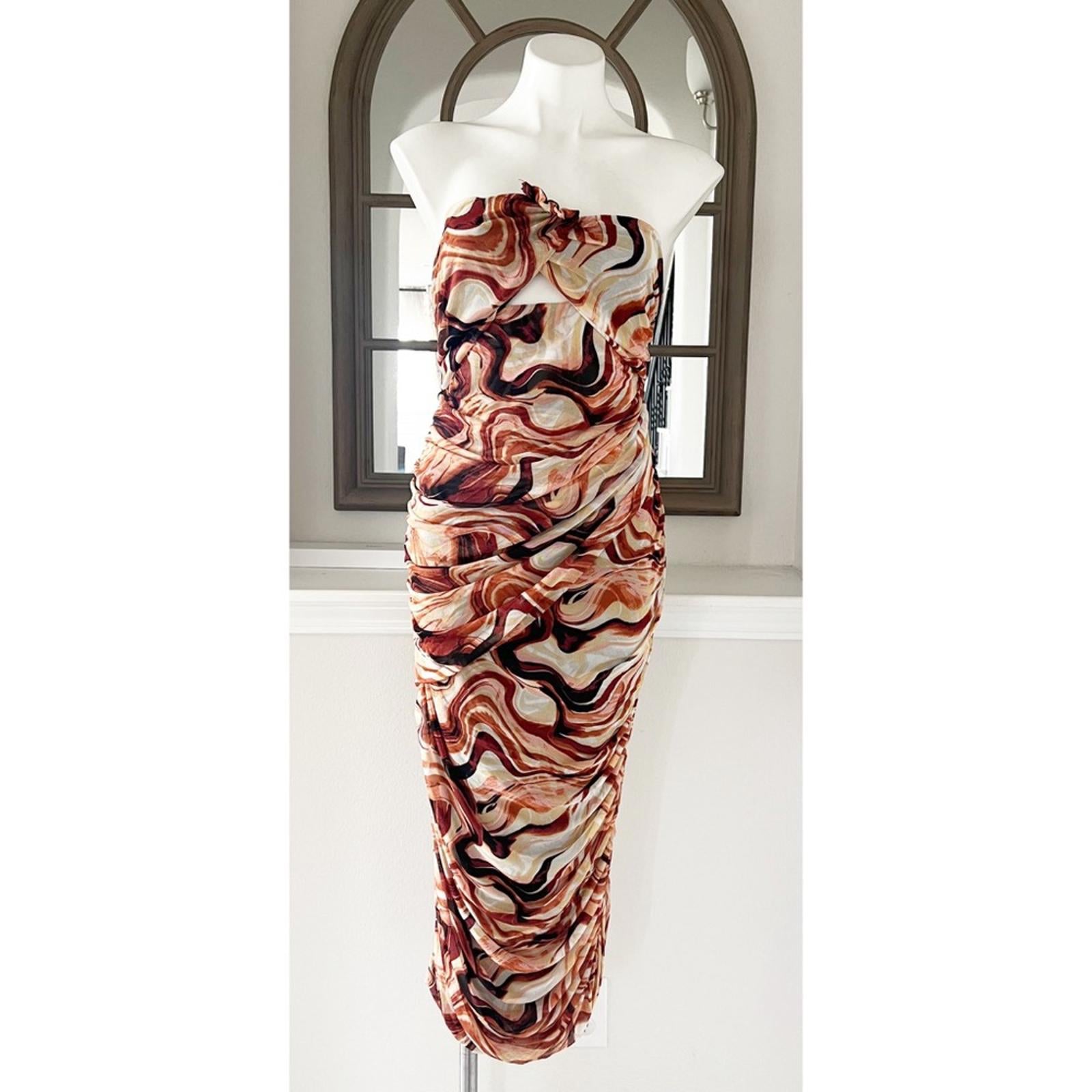 New EN SAISON Esther Ruched Cut-Out Midi Dress in Brown Size L NWOT Retail $136