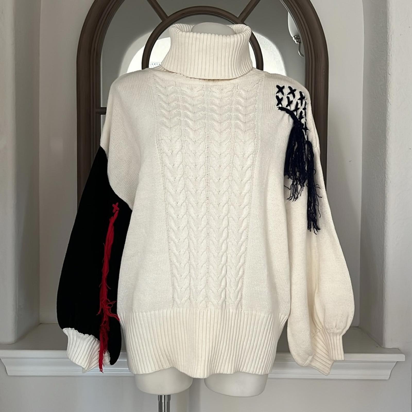 Cable Knit Turtleneck Sweater with Puff Sleeves in White Multi, Size M NWT
