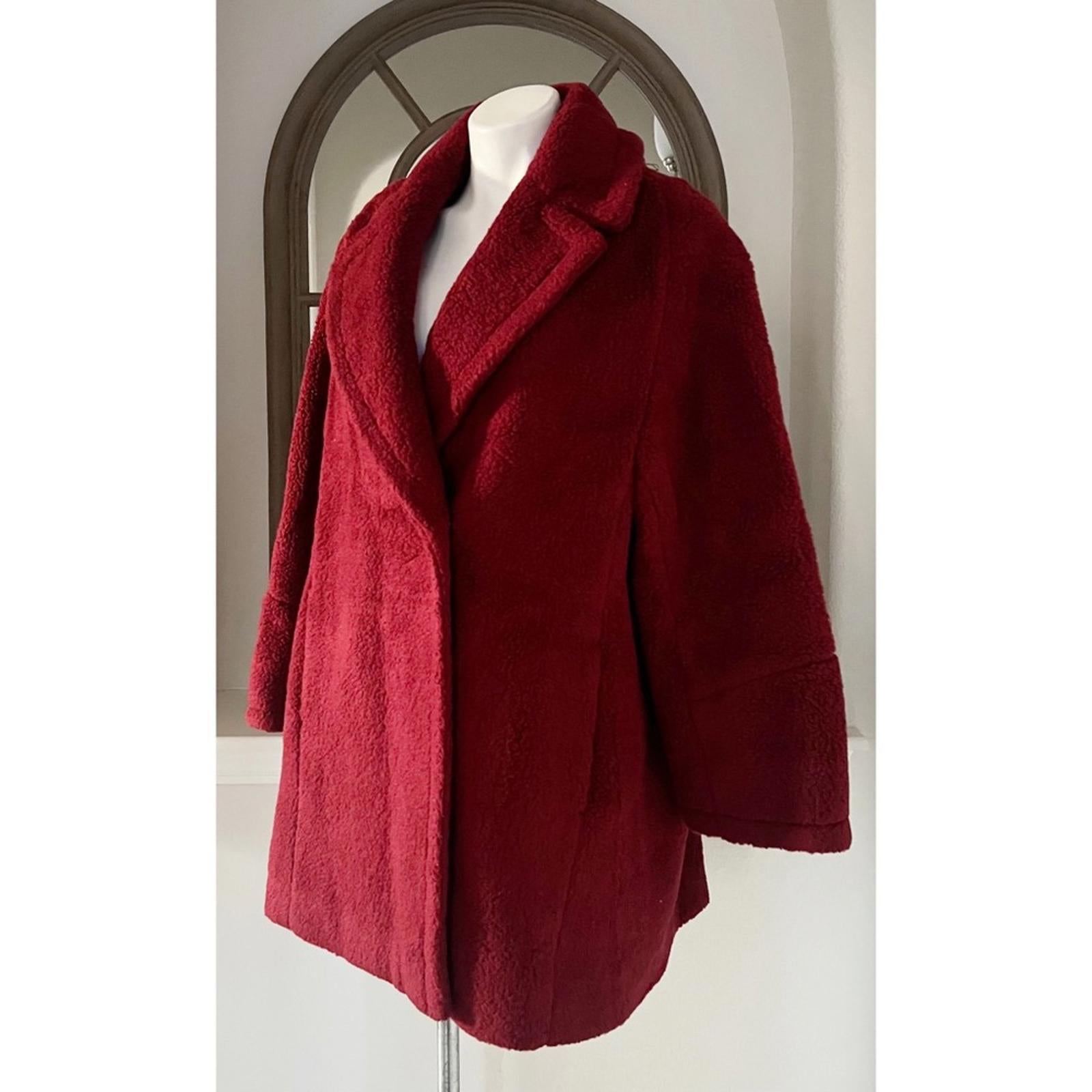 ICONS Cinzia Rocca Wool Teddy Pea Coat in Red, Size 10 NWT $1,005 Made in Italy
