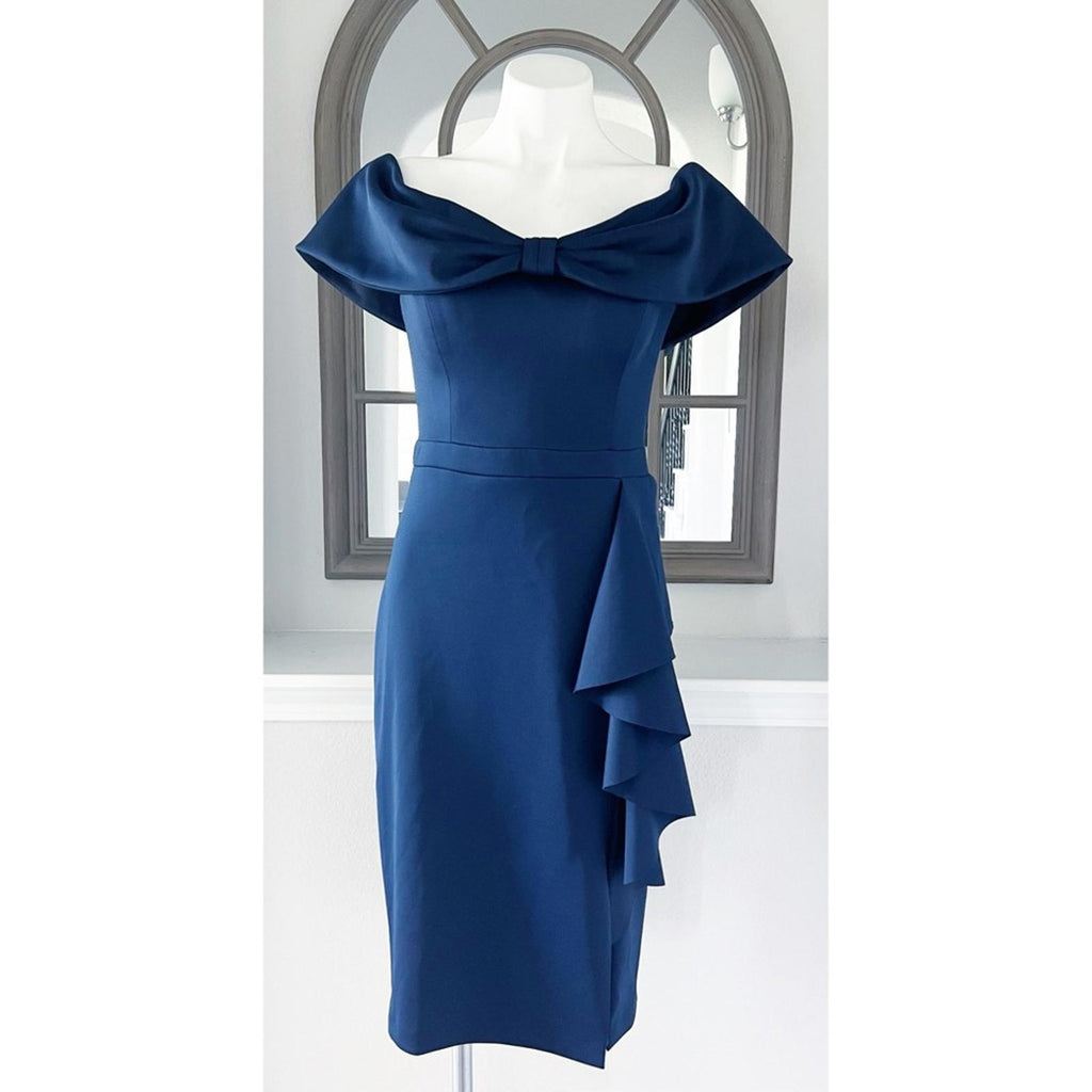 New XSCAPE Bow Off-the-Shoulder Scuba Knit Cocktail Dress, Navy Size 10 w/o Tag
