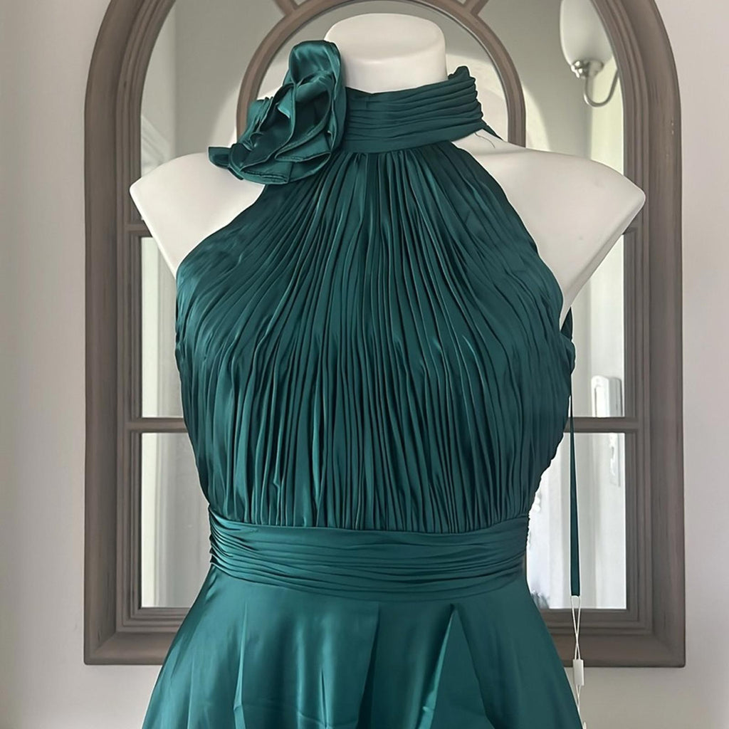 Mac Duggal Pleated Bodice High-Low Satin Cocktail Dress in Emerald Green NWT