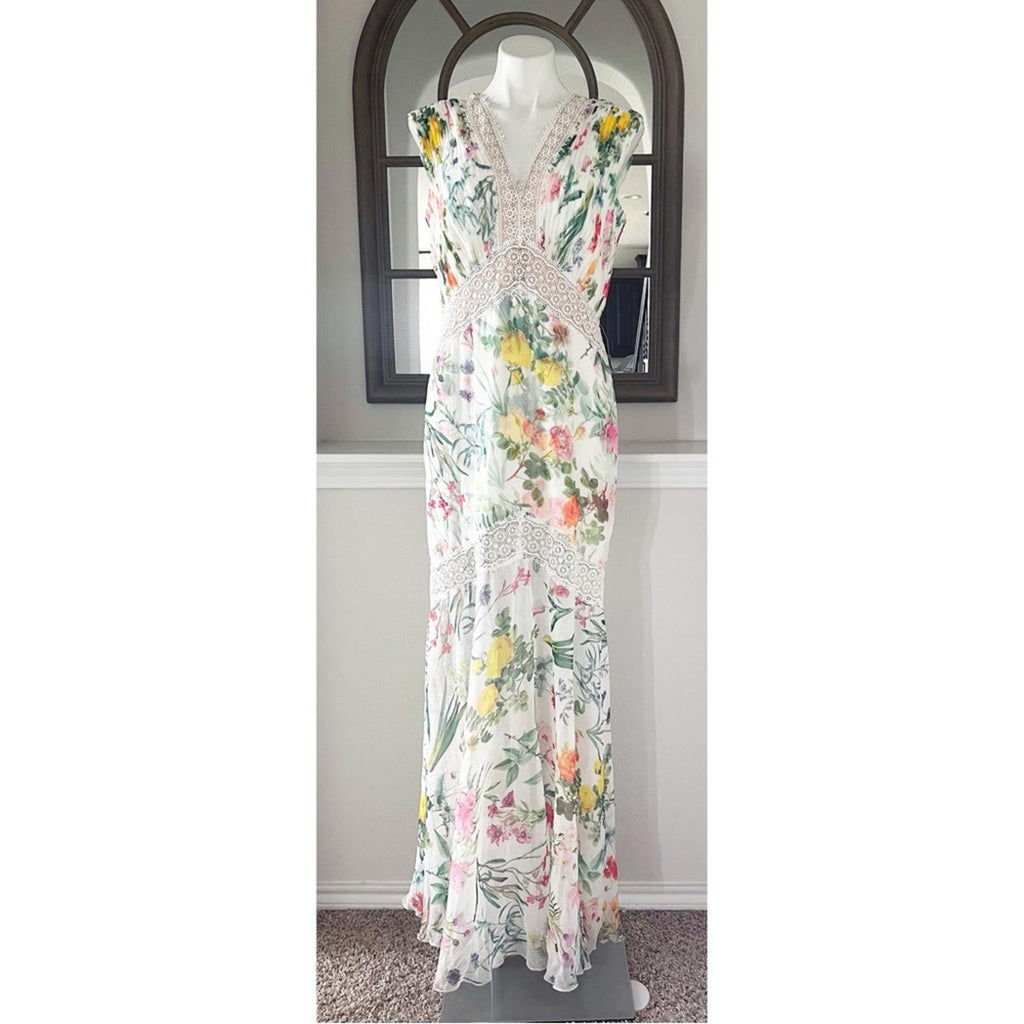Tadashi Shoji Floral Pleat Chiffon Trumpet Gown White Floral, Size 10 NWT $588