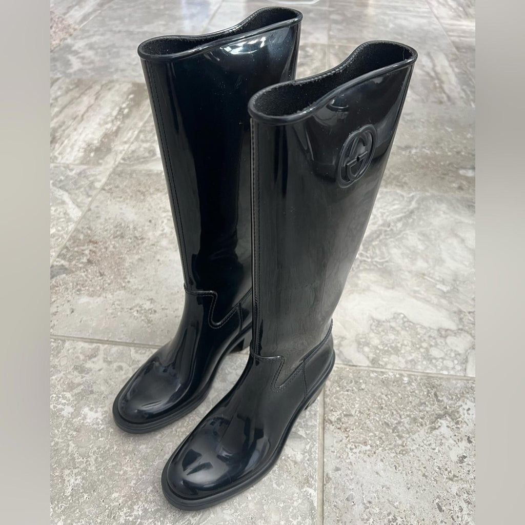 GUCCI Interlocking G Rubber Mid-Calf Rain Boots, Black Size 37 EXCELLENT!