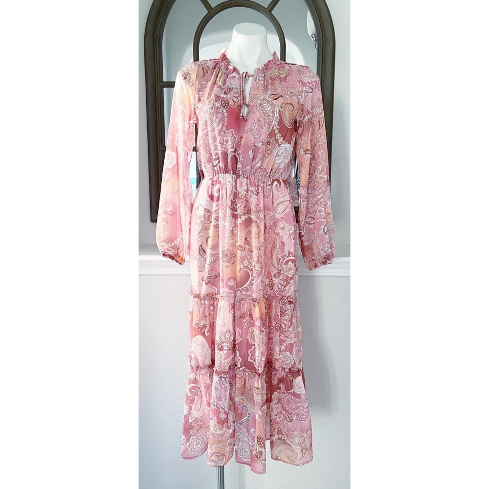 Aqua Chiffon Printed Tiered Maxi Dress, Pink Multi Size S New w/Tag Retail $118