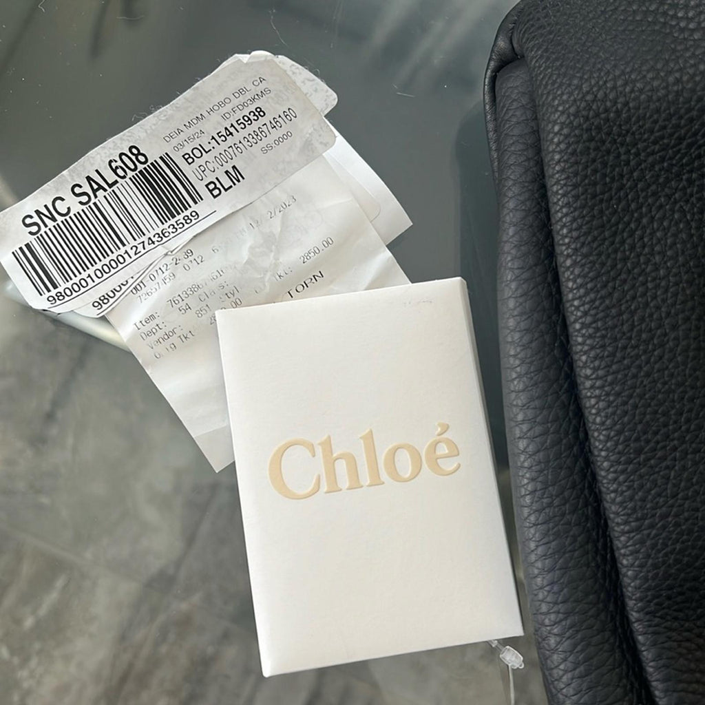 Chloé Deia Medium Hobo Bag in Grained Calfskin Leather – Black – Excellent