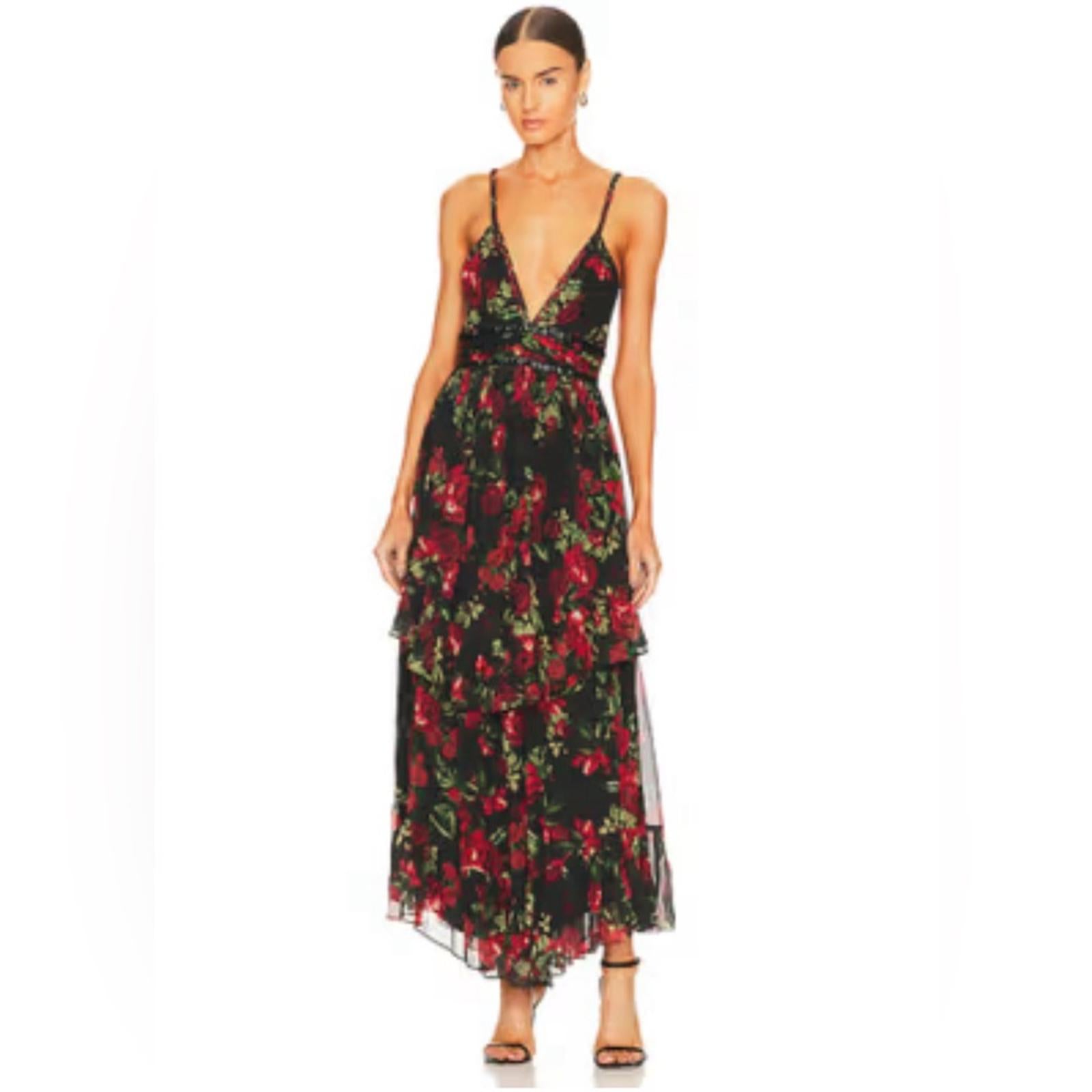 Rococo Sand Tiered Maxi Dress in Black/Red Roses, NWT, Size XS Retail $478