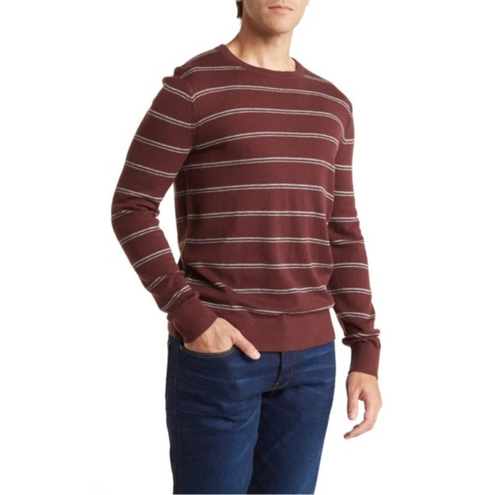 Theory Riland Harman Stripe Wool-Blend Sweater in Chianti/Grey Size M NWT $325
