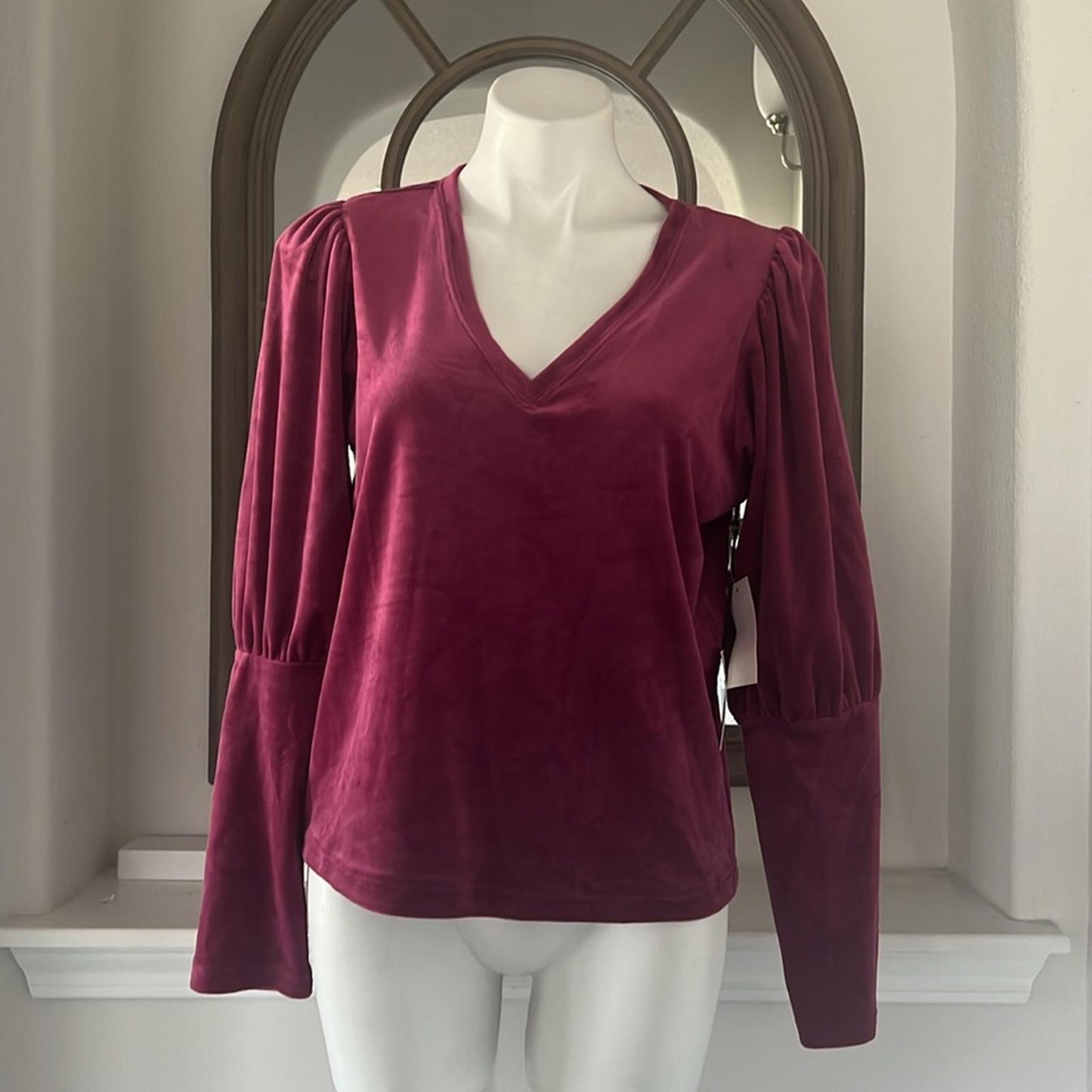 1.STATE Velvet V-Neck Blouse in Plum Fairy, Pullover, New, Size M