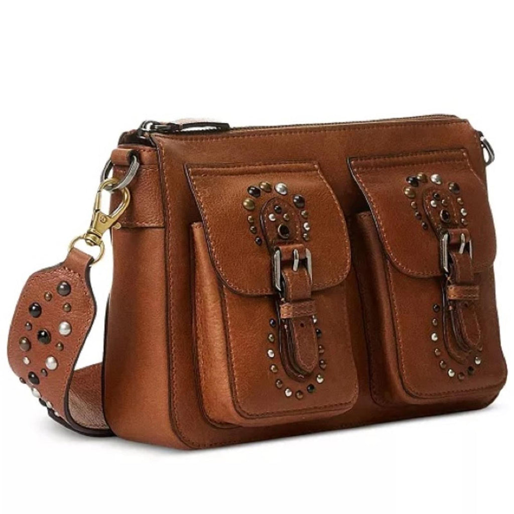 Ralph Lauren Studded Leather Noa Crossbody with Front Pockets, Brown, New w/Tag